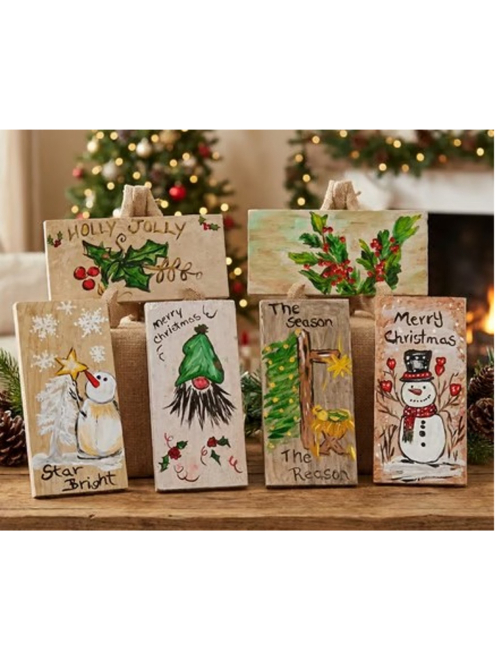 Cozy Hand-Painted Christmas Tile Set- Holiday Decor (6Pc) by Heaven & Hearts